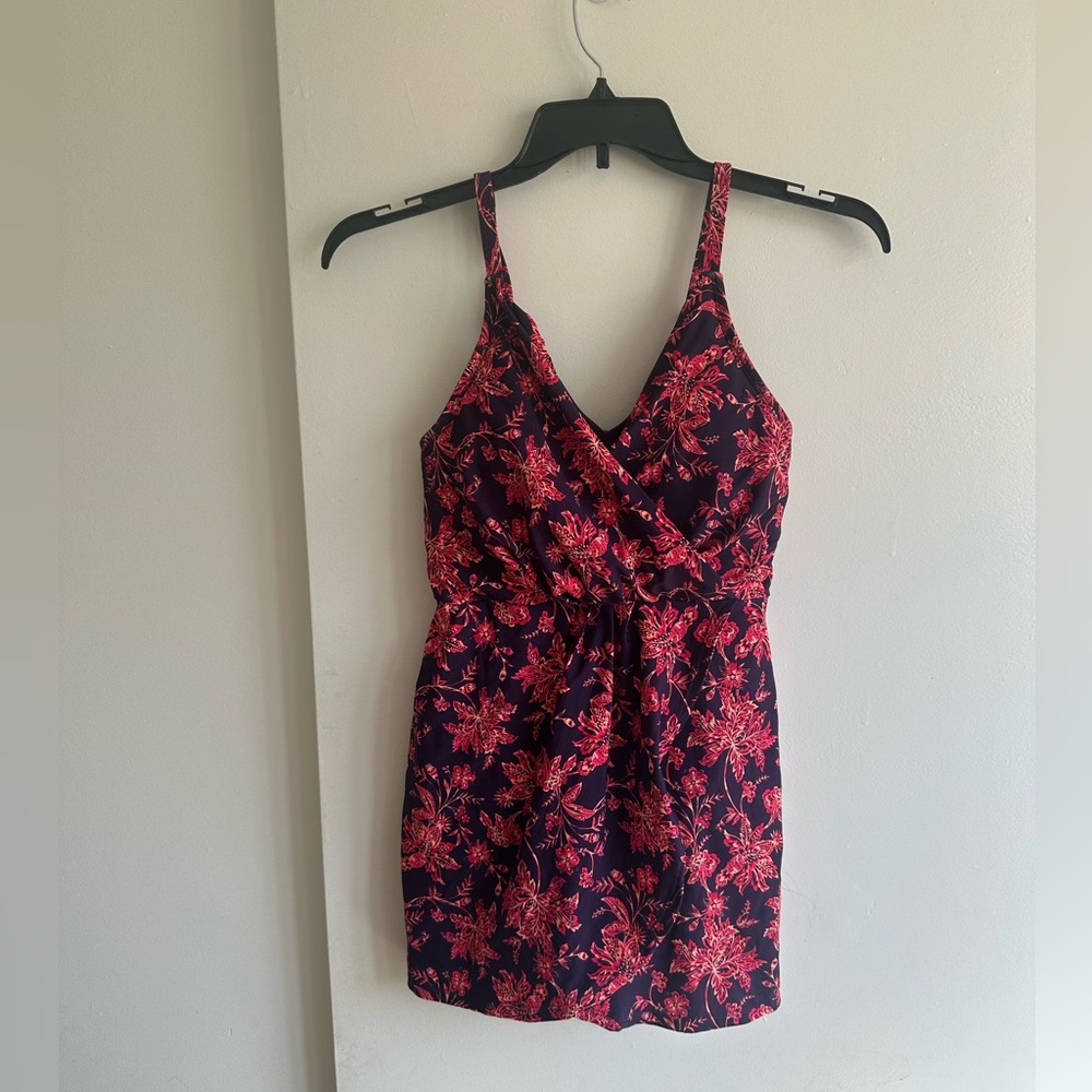 Lands' End Purple One-Piece Swimdress with Pink Floral Pattern